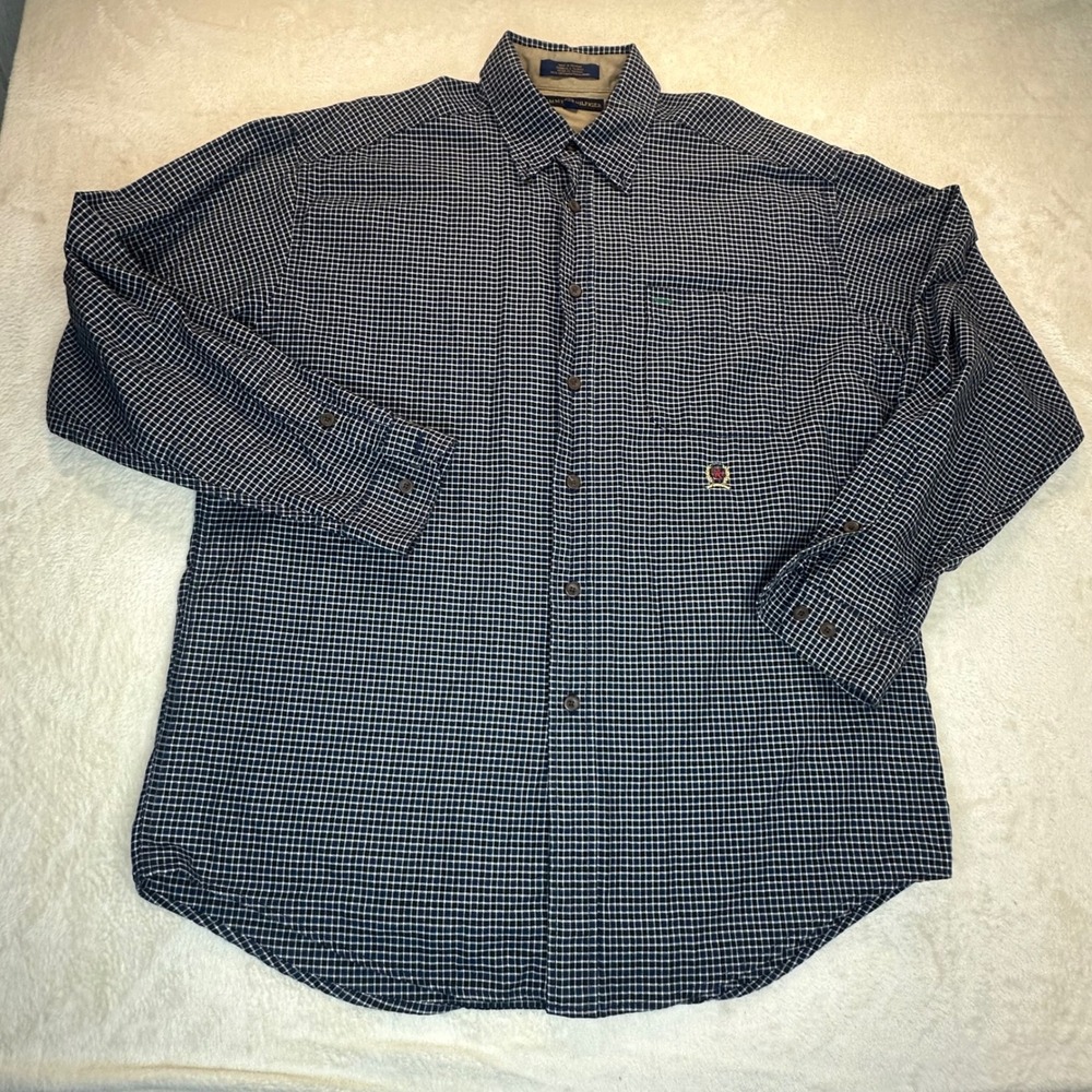 Vintage Tommy Hilfiger Y2K Navy Blue Micro Check Button Down Shirt Mens Large